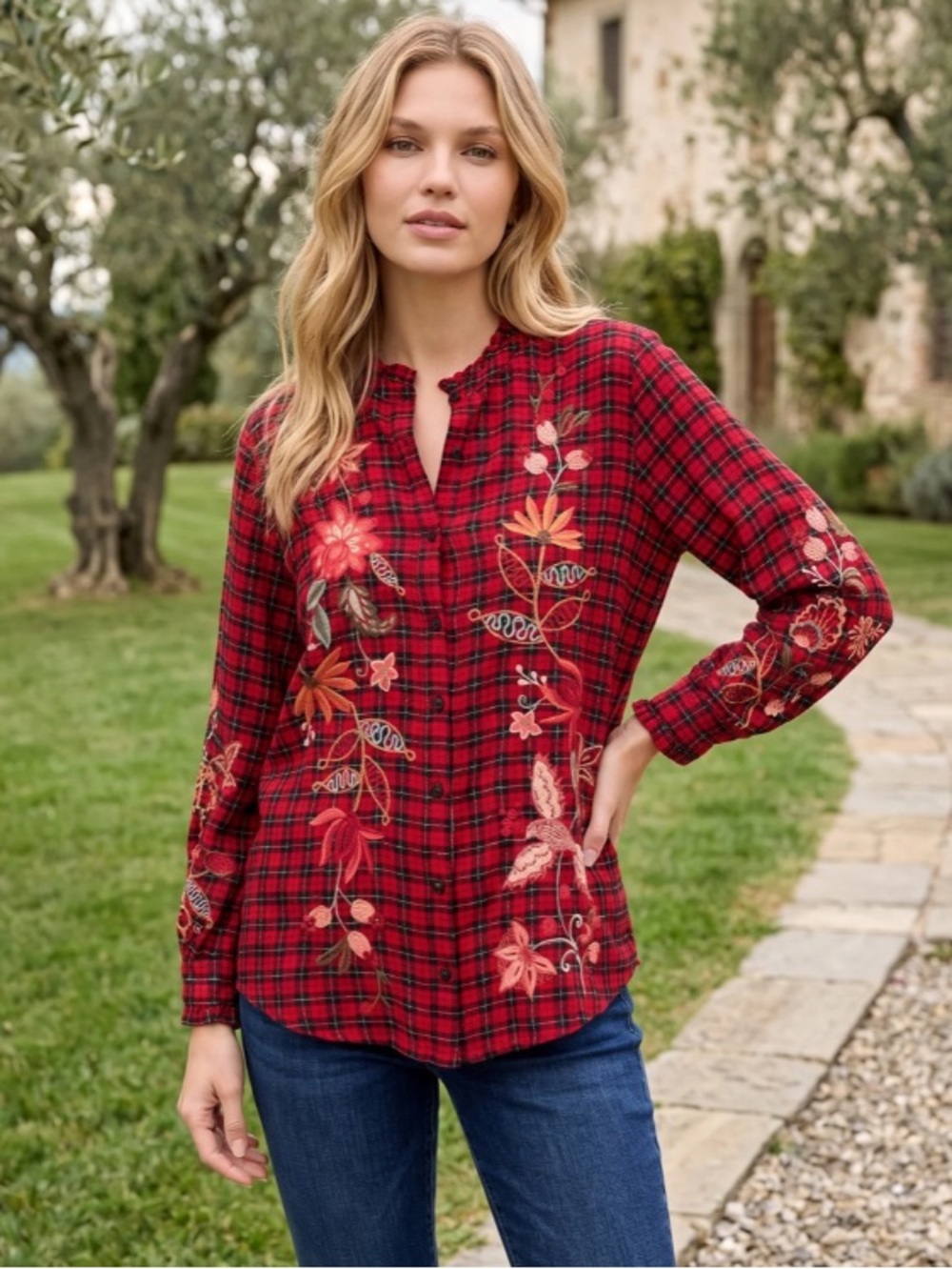 Johnny Was Embroidered Red Plaid Embroidery Blouse XL
